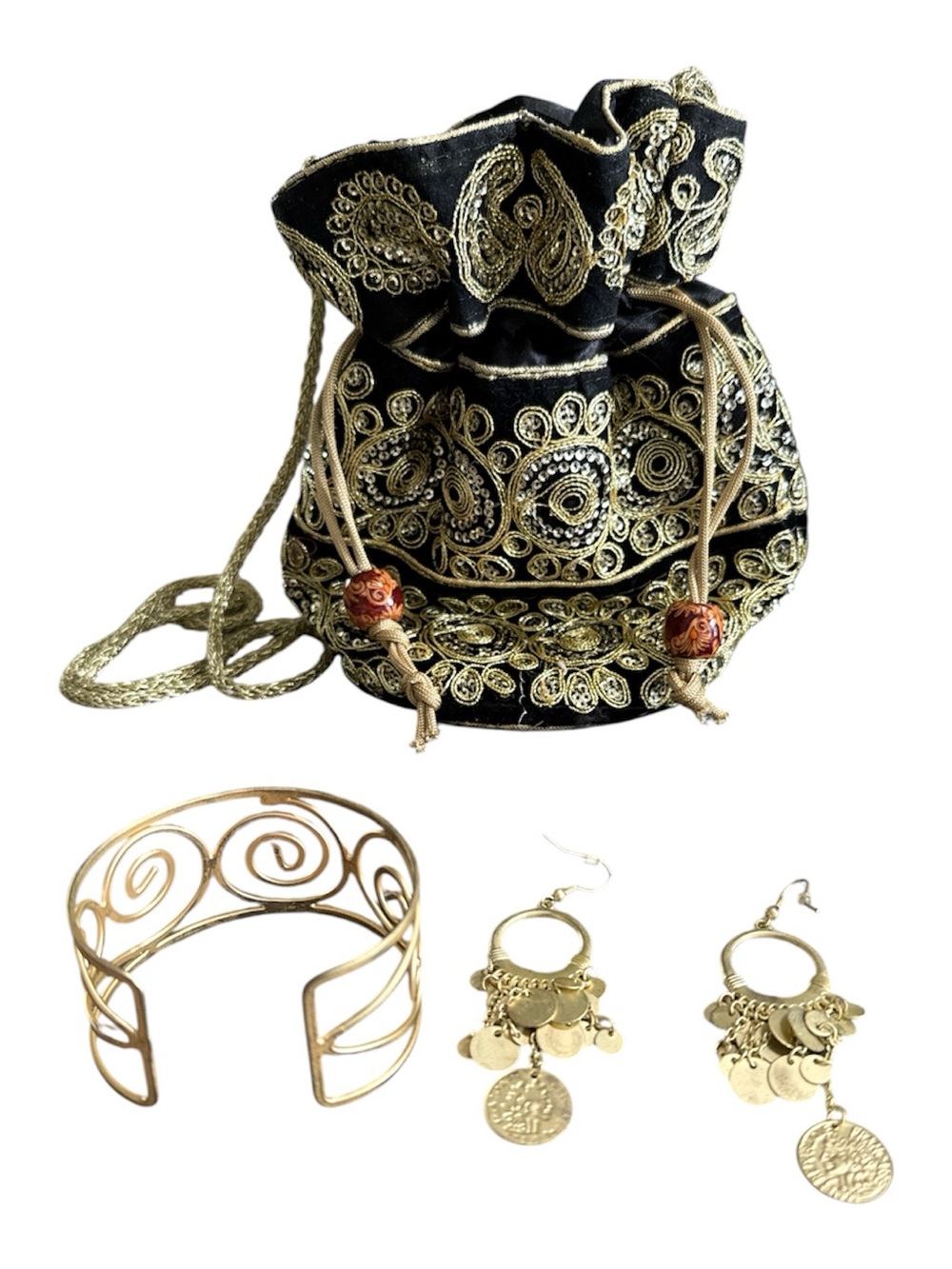 Halloween Gypsy Costume Accessories Drawstring Bag Cuff Bracelet & Earrings Used